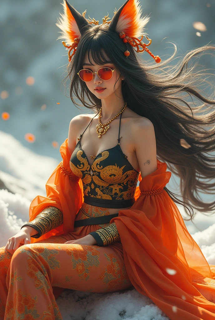 Flying Nine Tails, Master of the Blue Sky, Flame Long-Haired Fox Star，novel，Torch Knight Black Gold Orange Brocade Snake Print Silk Pants，Rouge Diamond Tulle Sheer Lizard Print，Fat girl flying in space in the snow 1:900 miniatures，Front view，Pure transparency，Put on boxing gloves，Wear gold framed reflective sunglasses，Panoramic Ultra Wide Angle，very happy，Realistic and delicate texture，strong visual impact，Very detailedな，Dream Girl，Delicate face型，Beautiful Eyes，Hair floating in the air， Cherry Model，Zhou Xiaotong，Crystal Clear，Excellent perspective，Light and shadow effects，16K Smooth，Surface reflected light，flowing Black Hair，Water Goddess 32K，Complex，Grace，Very detailed，Pretentious，Digital photography，Autumn Cowboy Shooting，Surrealism，Broken Ruby，Defeat Magic，Water Magic Intertwining，（masterpiece，Cinema Lighting，Beautiful Eyes：1.2），High Dynamic Range，Void 5 Energy Storm，(China 1 Girl，Iris:1.5），Rouge Skin，Glowing Skin，(sitting on a stone：1.5），Delicate face，Black Hair，Wear the magnificent golden armor，Off the shoulder，，Short skirt，Beautiful golden armor，that&#39;it&#39;s raining，Beautiful big boobs，Looking at the audience，Turn your back to the camera，masterpiece，~ side,~ side portrait close-up