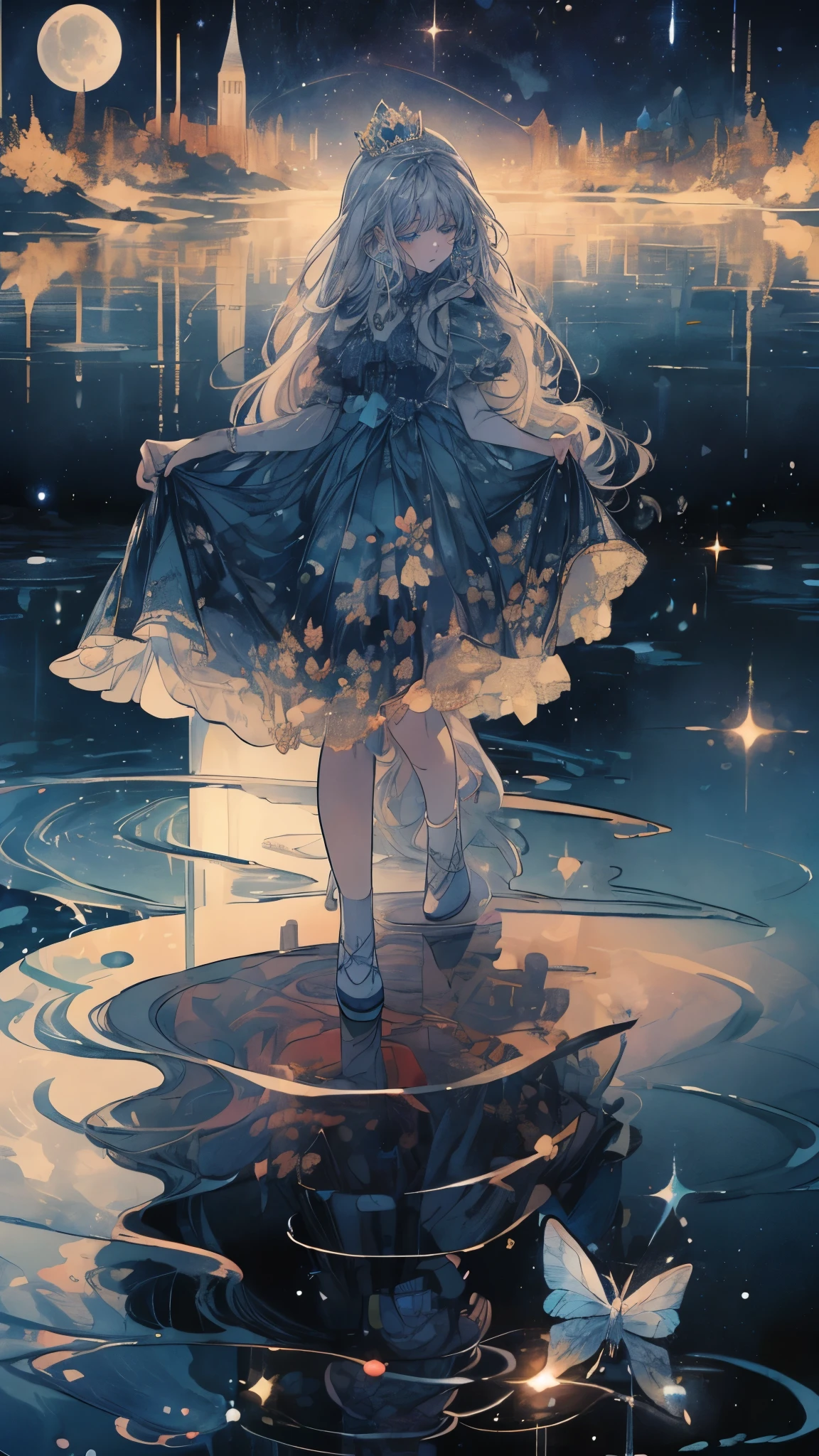 (Mastepiece), (Best Quality), Very detailed, 1 girl, (Full body photography:1.5), Perfect Face, beautiful girl, Very detailedな顔,(Blue Princess Dress:1.4)、(Long white hair:1.5),(blue eyes:1.4),(Princess:1.4)、(White flower:1.4)、(Blue Butterfly々:1.3)、(Sparkling:1.3)、moonlight、流れstar、(night、star空、White Moon:1.4)、star々、moonlight