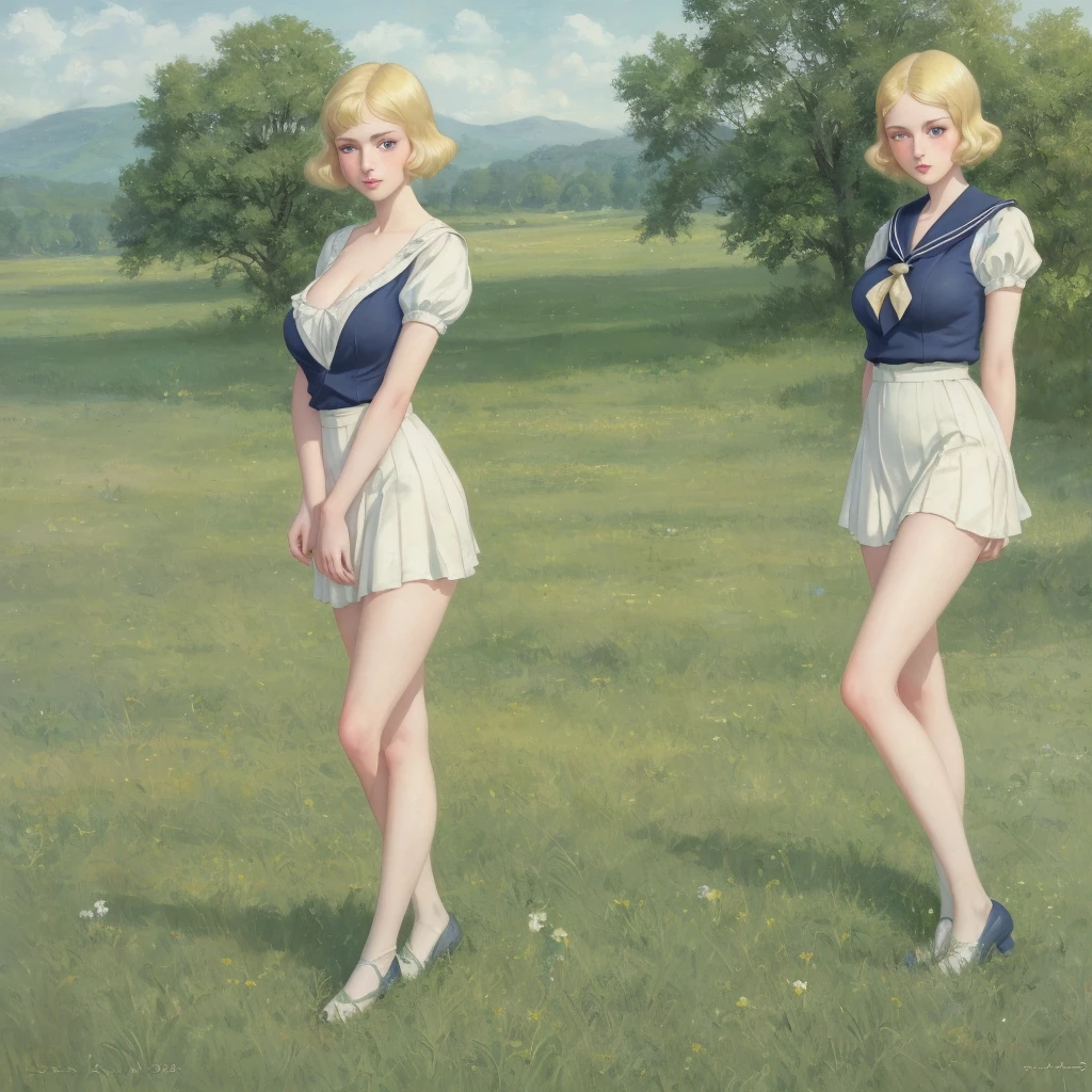 girl, 3 girls,group blonde, Green eyes, 1930s European style, high quality, full-body shot, 17 years old, Big breasts, Long legs, height 170, beautiful legs, Sailor Suit, Short top and short skirt standing on the grassland, blue sky , delicate eyes, Delicate lips, Extremely detailed face, long eyelashes, elegant, beautiful, beauty, charming, Exquisite, Realism, 8k, best quality, masterpiece, Endless grassland
