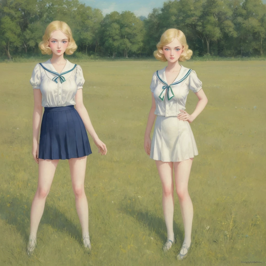 girl, 3 girls,group blonde, Green eyes, 1930s European style, high quality, full-body shot, 17 years old, Big breasts, Long legs, height 170, beautiful legs, Sailor Suit, Short top and short skirt standing on the grassland, blue sky , delicate eyes, Delicate lips, Extremely detailed face, long eyelashes, elegant, beautiful, beauty, charming, Exquisite, Realism, 8k, best quality, masterpiece, Endless grassland