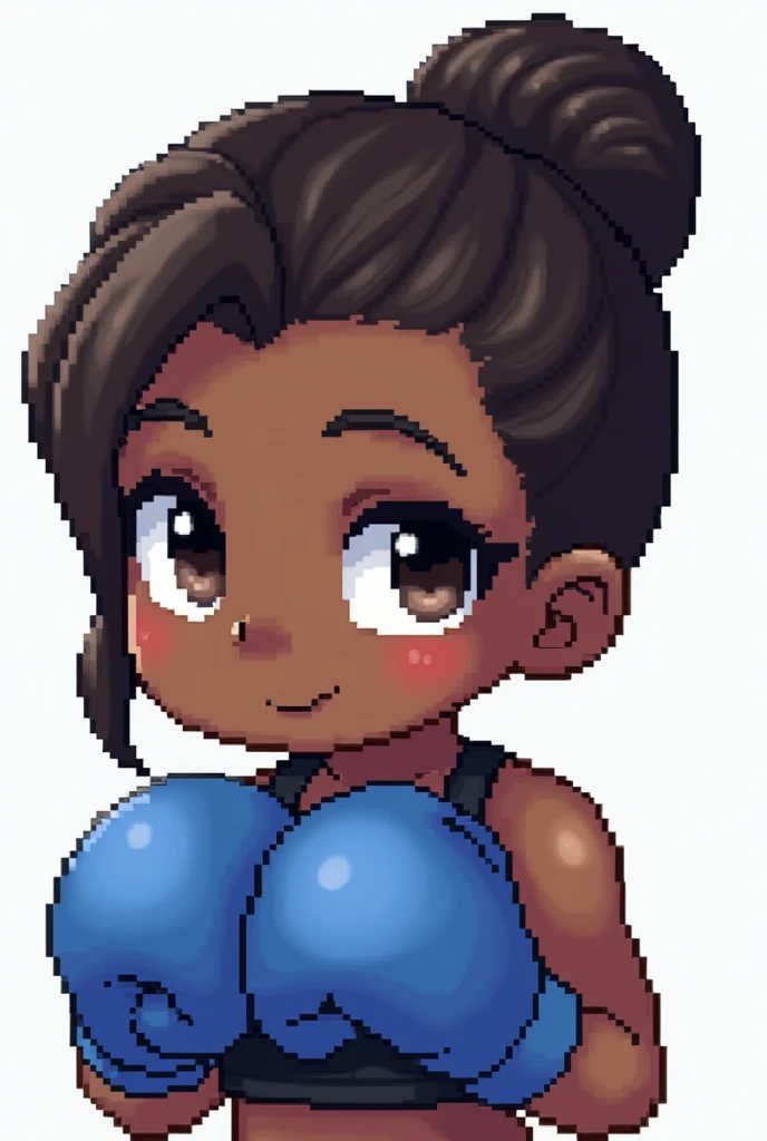 Sprite 2D Pixel Black Female Character with Braid Bun Blue Gloves Boxer 16Bits Sideways Chibi.