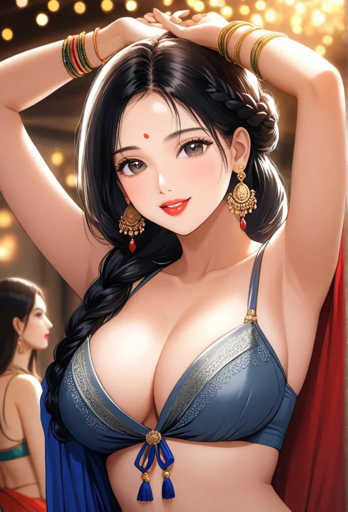 a woman in a grey silk saree, long single braid, big jhumka earrings, detailed alluring eyes, smooth lips, beautiful smiling face, red lipstick, navel, bangles, blue ribbon, hands over head, medium saggy breasts, small cleavage, best quality,4k,8k,highres,masterpiece:1.2,ultra-detailed,realistic,photorealistic,photo-realistic:1.37,HDR,UHD,studio lighting,ultra-fine painting,sharp focus,physically-based rendering,extreme detail description,professional,vivid colors,bokeh,portraits