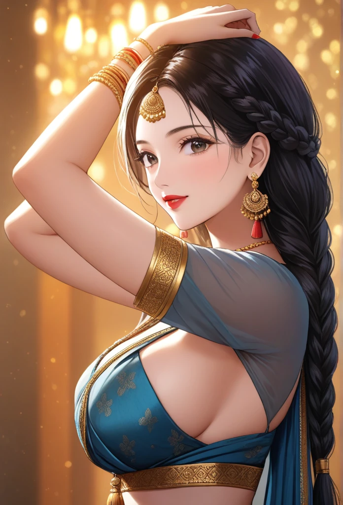 a woman in a grey silk saree, long single braid, big jhumka earrings, detailed alluring eyes, smooth lips, beautiful smiling face, red lipstick, navel, bangles, blue ribbon, hands over head, medium saggy breasts, small cleavage, best quality,4k,8k,highres,masterpiece:1.2,ultra-detailed,realistic,photorealistic,photo-realistic:1.37,HDR,UHD,studio lighting,ultra-fine painting,sharp focus,physically-based rendering,extreme detail description,professional,vivid colors,bokeh,portraits