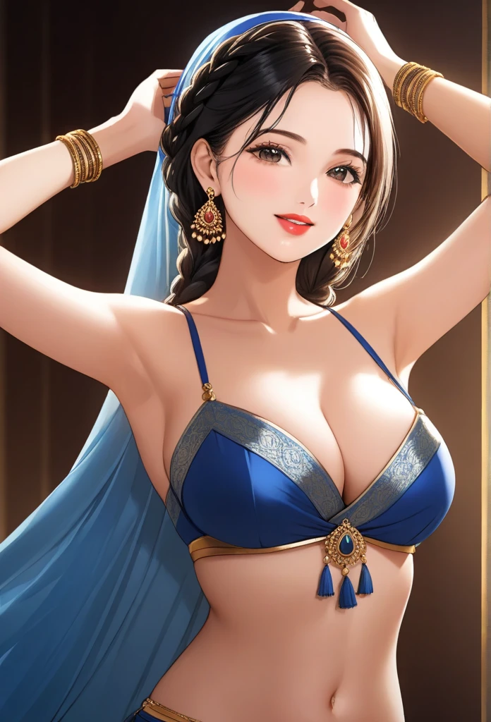 a woman in a grey silk saree, long single braid, big jhumka earrings, detailed alluring eyes, smooth lips, beautiful smiling face, red lipstick, navel, bangles, blue ribbon, hands over head, medium saggy breasts, small cleavage, best quality,4k,8k,highres,masterpiece:1.2,ultra-detailed,realistic,photorealistic,photo-realistic:1.37,HDR,UHD,studio lighting,ultra-fine painting,sharp focus,physically-based rendering,extreme detail description,professional,vivid colors,bokeh,portraits