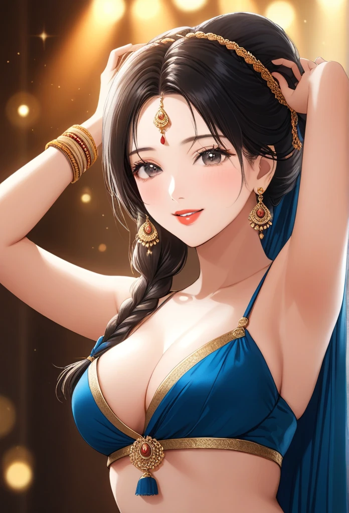 a woman in a grey silk saree, long single braid, big jhumka earrings, detailed alluring eyes, smooth lips, beautiful smiling face, red lipstick, navel, bangles, blue ribbon, hands over head, medium saggy breasts, small cleavage, best quality,4k,8k,highres,masterpiece:1.2,ultra-detailed,realistic,photorealistic,photo-realistic:1.37,HDR,UHD,studio lighting,ultra-fine painting,sharp focus,physically-based rendering,extreme detail description,professional,vivid colors,bokeh,portraits