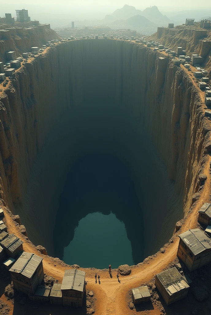Overlooking the slums built on the walls of a vertical circular hole, one kilometer in diameter, dug deep into the earth