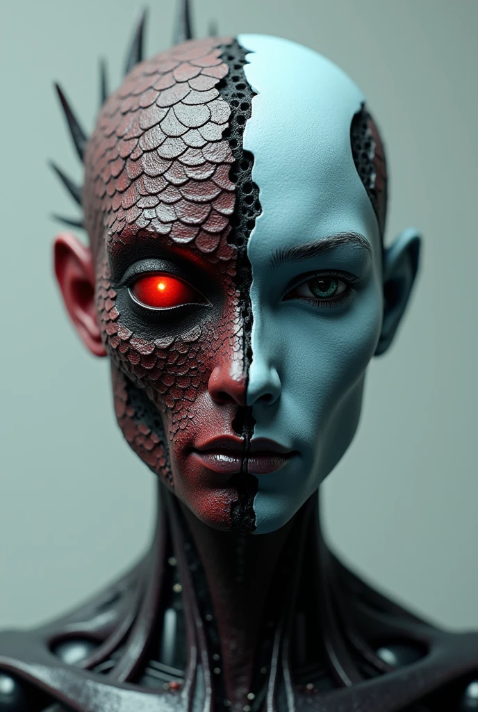 A humanoid robot with the right half being light blue and black、A reddish-black creature with scales on the left half、The seams look like a living thing is invading the robot.、首から上がmale性の顔左目が赤く光るモンスターの目、The right eye looks like a robot、Overall image、Staring at me、male
