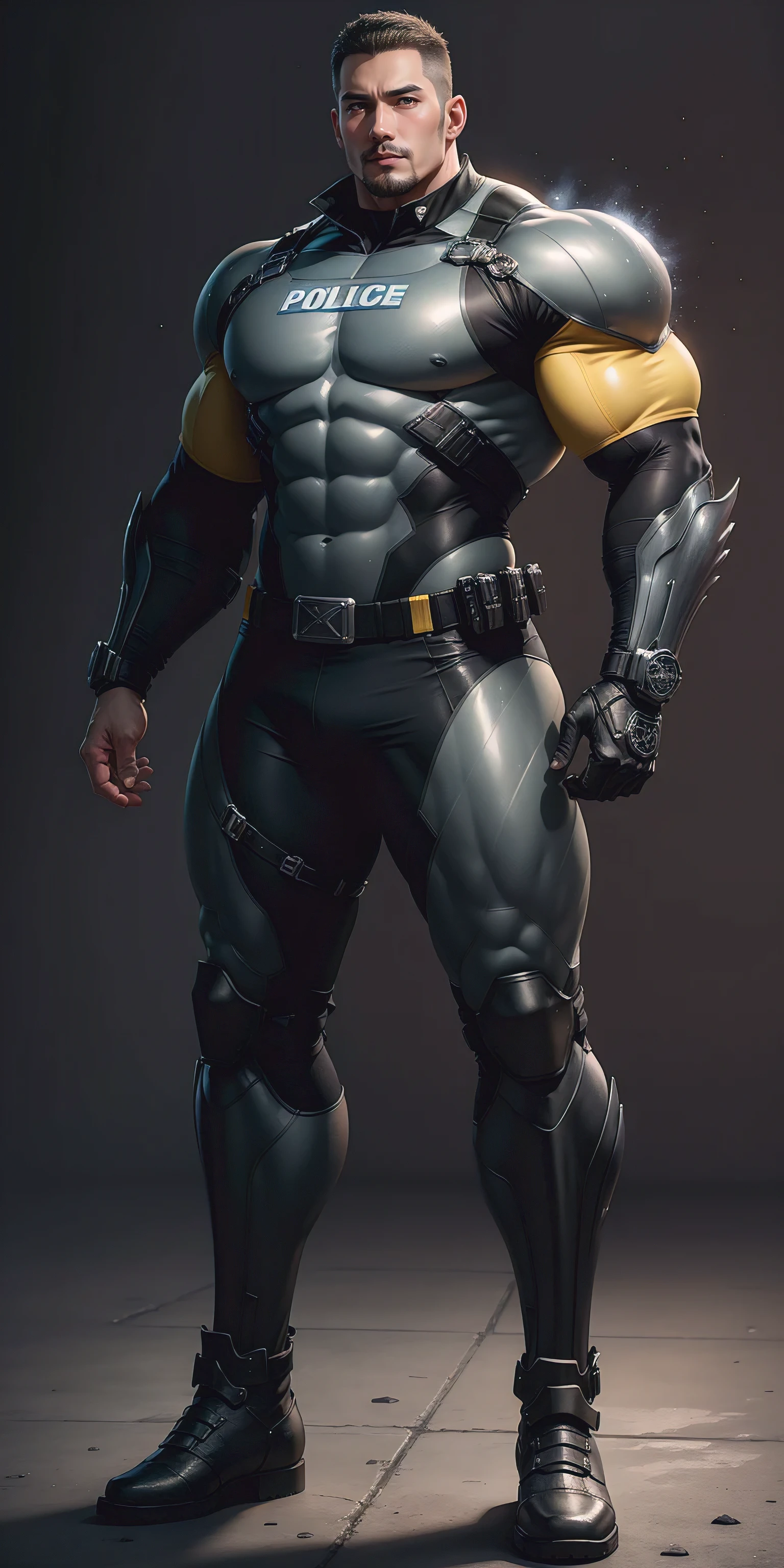 Tall giant muscular police officer，Yellow-gray reticulated nano-mech，Honeycomb pattern，Lightweight texture，Character Concept（Resident Evil - Chris Redfield，Chris Redfield）senior police officer，Small grid texture，Regular symmetrical texture pattern，Sad expression，Deep and charming eyes，Standing in a bright mechanical laboratory，Emerald Eyes Hero，Heroic male pose，Tall burly，muscular！Attractive leg muscles，High target, Burly, Heqiang，  Super Buff and Coolness， High Resolution Committee， Bigfoot yellow-gray ultra-thin nano-mechanical boots，Charismatic strongman，The bright sunshine shines on you，Matte particles，Shiny texture
