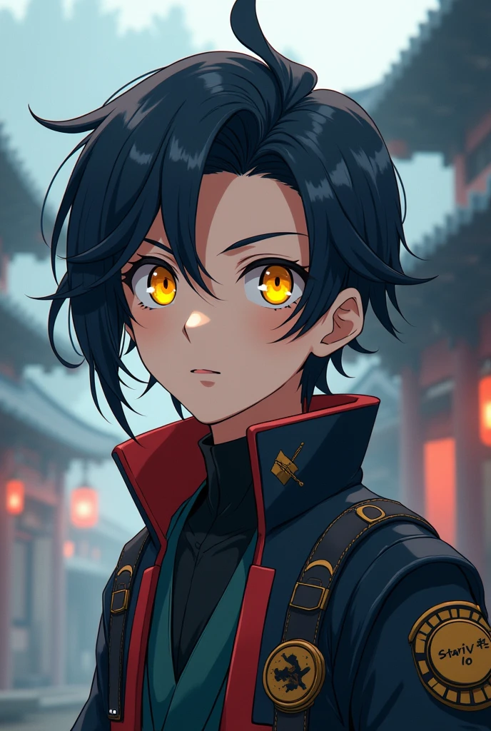 Anime boy with 174 cm height,yellow light eyes and black long hair touched shoulders and forehead hair was swept to the left. in eido period fusion future style's outfit