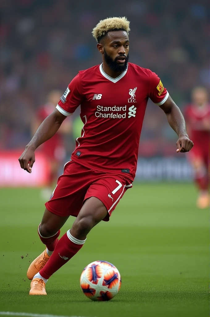 make me a picture of a player called saulinho, that he wears the Liverpool uniform that he has blond hair and a brown beard that he has blue eyes,that wears earrings, that is medium dark, that he is far right and wears number 7, and carry the ball on his foot in the middle of the field