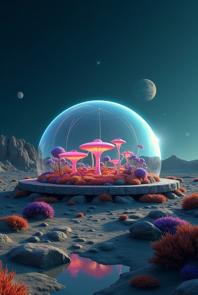 Landscape of an unknown planet,A transparent dome created by living creatures, with many mushrooms growing inside,Outside the dome there is no air and no life.,The sky is pitch black and you can see the stars,