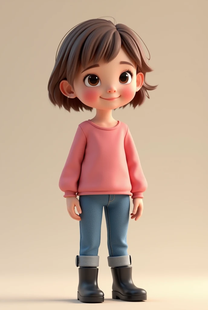 3D image of a 5 year old child full body. Wearing a pink blouse and blue jeans. She has light brown hair and eyes, small nose and white skin. Short loose side hair with bangs. Slanted eyes and smiling. Slightly arched eyebrow. black boot