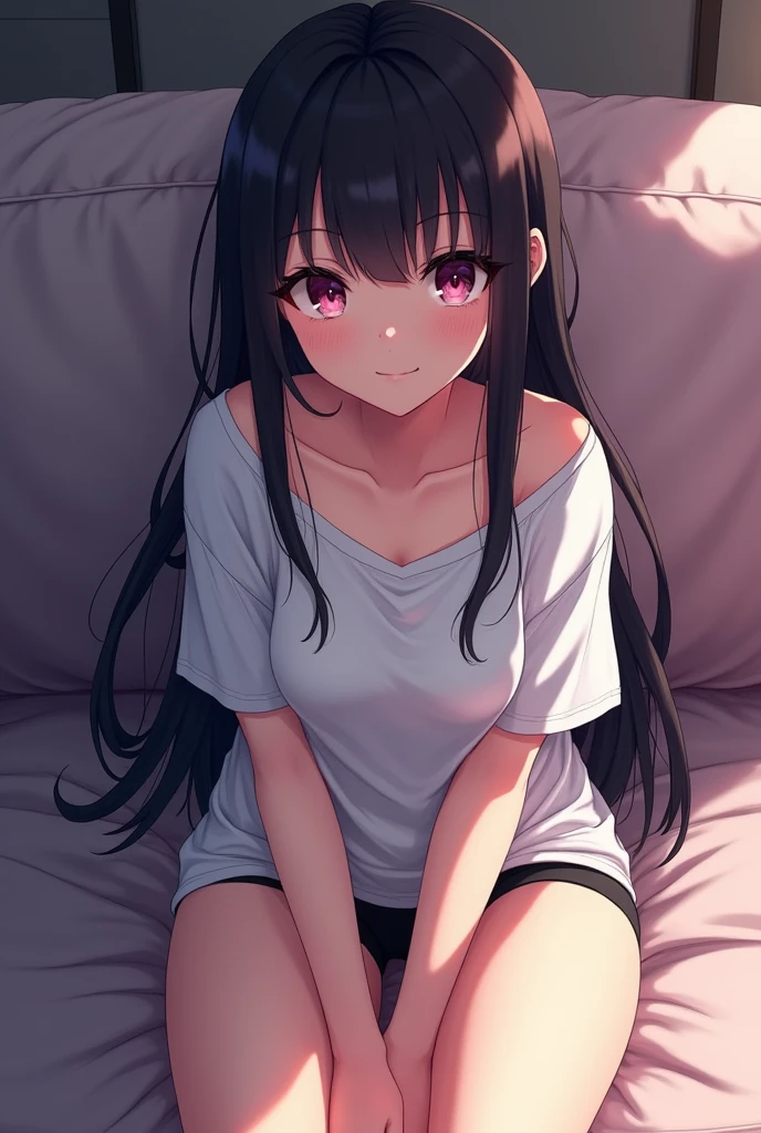 A 16 year old girl, in the anime style of the Seinen Genre. 

Her Appearance: she has long dark hair with bangs,Serene and seductive eyes of lilac pink color,Light skin color and she has a mole below her left eye. 

She is wearing only a loose white T-shirt., a pair of black socks and black panties. 

She is on top of a sofa. 

She&#39;s making a naughty face. 