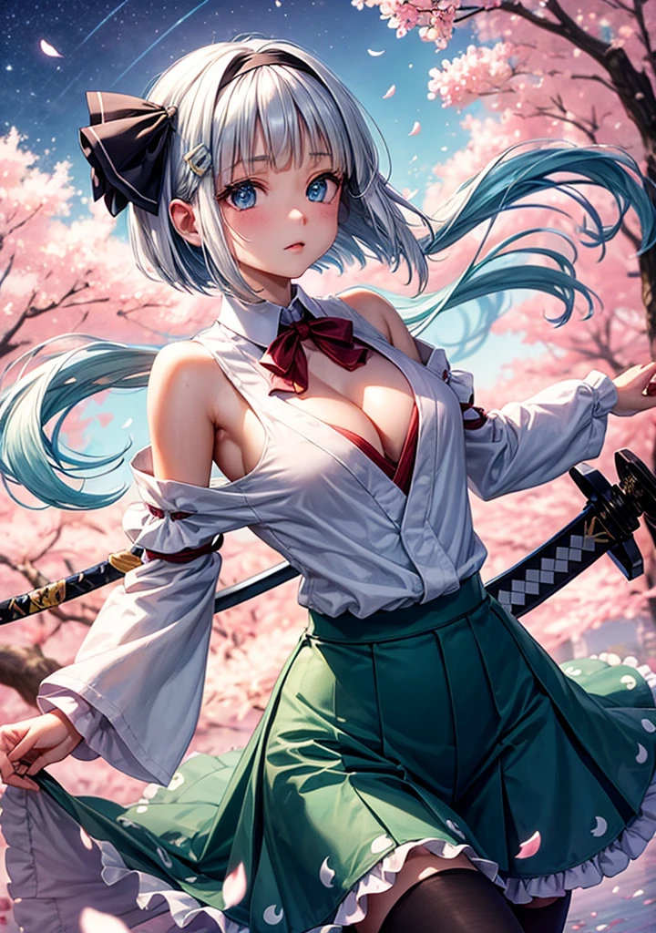 ((())),(((Highest quality))),((Wet clothes)),(shape),(Dynamic Angle), ((Oriental Project)),(Slim body),((Disheveled Hair)), (((Voluptuous body))),(((Use your sword skills))), ((girl wearing black tights)), (((View from the front))),((Beautifully detailed body)),((Shoulders are exposed)),(((Mysterious and sparkling blue eyes)))Gray Hair, ((Colorful Hair)),((long hair with stripes)), Beautiful attention to detail,(Gradient color eyes),(((Delicate eyes))), (((background))),(((High saturation))),(((konpaku youmu))),(((In front of the cherry blossoms at night))