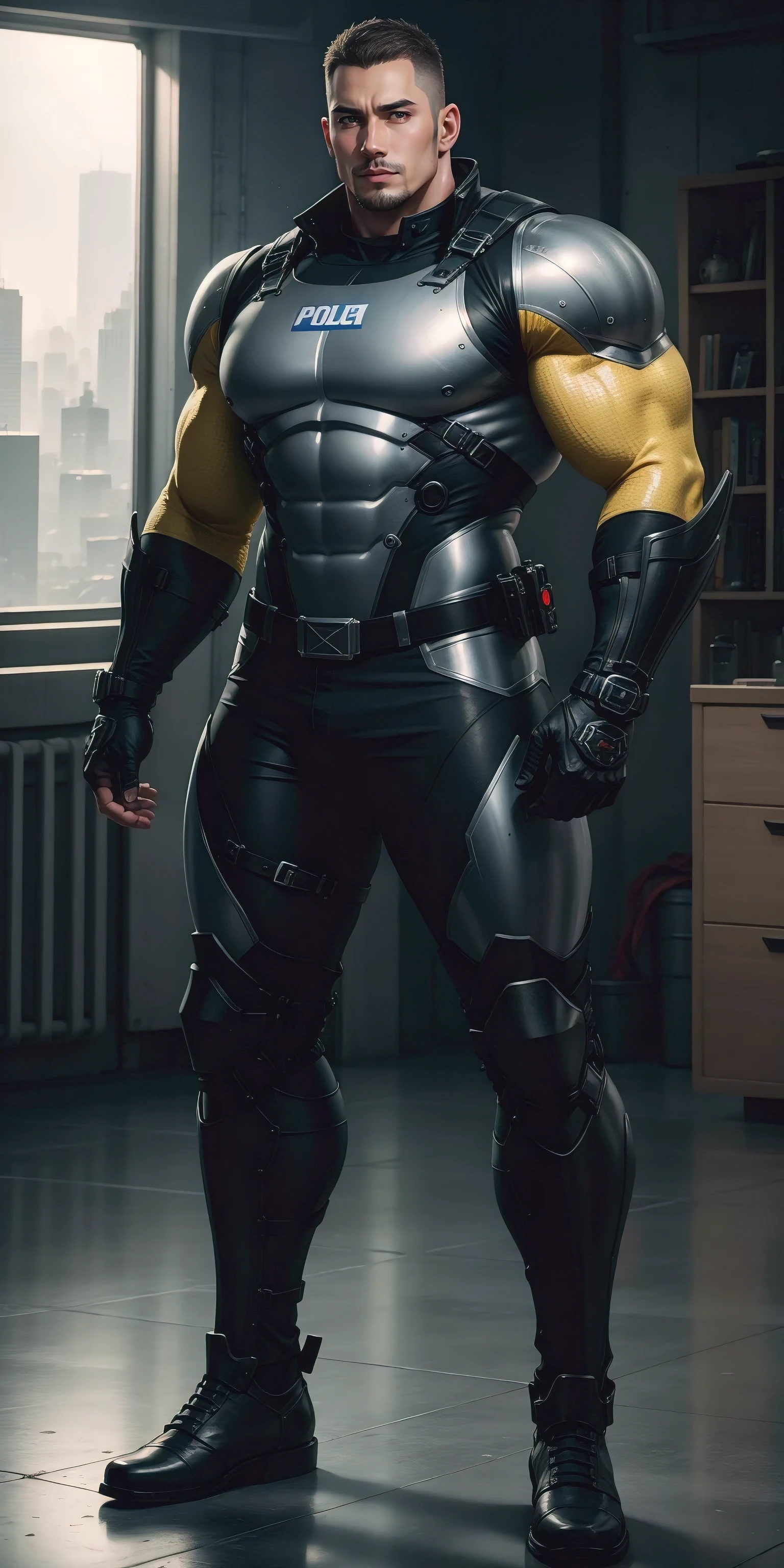 Tall giant muscular police officer，Yellow-gray reticulated nano-mech，Honeycomb pattern，Lightweight texture，Character Concept（Resident Evil - Chris Redfield，Chris Redfield）senior police officer，Small grid texture，Regular symmetrical texture pattern，Sad expression，Deep and charming eyes，Standing in a bright mechanical laboratory，Emerald Eyes Hero，Heroic male pose，Tall burly，muscular！Attractive leg muscles，High target, Burly, Heqiang，  Super Buff and Coolness， High Resolution Committee， Bigfoot yellow-gray ultra-thin nano-mechanical boots，Charismatic strongman，The bright sunshine shines on you，Matte particles，Shiny texture