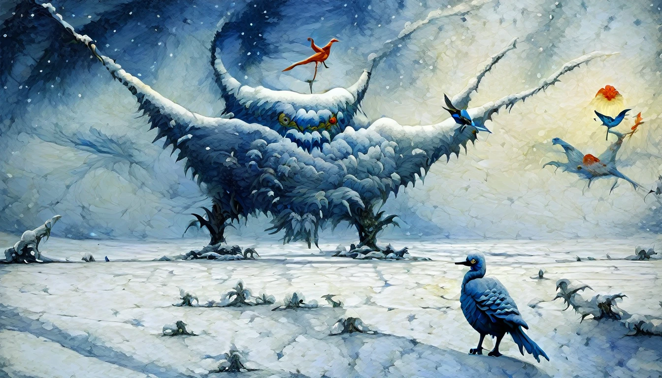 ((masterpiece, Fantasy, Snowfield, In the distance a monster with a bird&#39;s body and a human head)),Realistic, The head is a human skull and the neck is long., Zombie Bird,Human hands growing, Has a spear, Bird&#39;s feet, has black wings, Wrapped in black flames,Strong snowstorm with poor visibility, dark, Cloudy