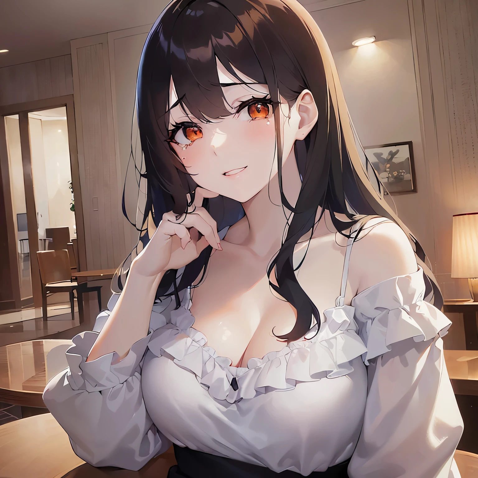 cleavage, hand on own face, (night:1.5), upper body、 (pale skin: 1.2), shiny skin, shiny hair、(A 25-year-old woman with medium-length hair and bangs) and (wavy hair) and (brown hair) and (orange eyes) and (half closed eyes), (white) and (off shoulder blouse), smile, tears, The background is a hotel room、Alone、Are standing