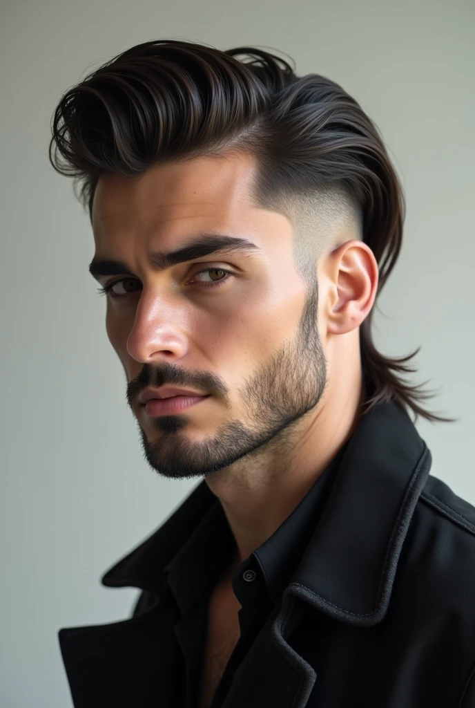 Man’s hair cut sideburns, fade behind ear, longish pulled back hair
