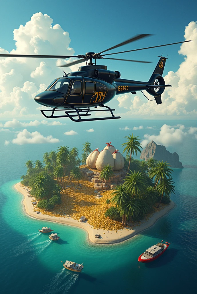 A HELICOPTER WITH THE LOGO "GG" "777" Flying in the sky, flying over an island full of bags of gold coins money and marijuana