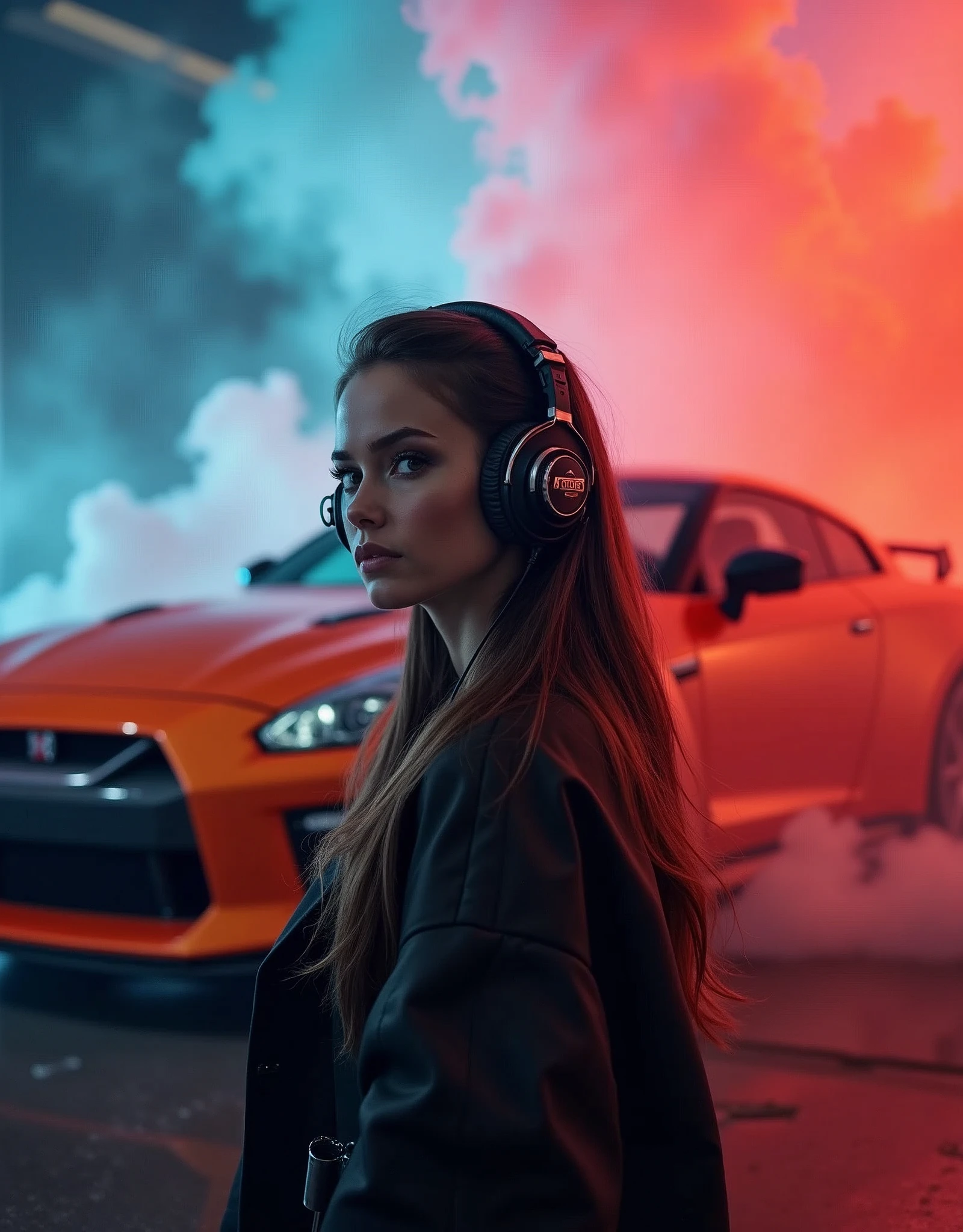 In the foreground is a beautiful young girl with long hair., wearing large stylish headphones. She looks confident and immersed in the music. There is a 2024 orange GTR Nismo in the background, shrouded in colorful smoke, creating a vibrant and dynamic atmosphere. Details for creating a picture: Main object: Beautiful young girl in sunglasses. long hair. Large stylish headphones. the background: sports car (Sports car). colorful smoke, surrounding car. Style and mood: Modern and dynamic style. Bright and rich colors for smoke. An atmosphere of energy and movement. Technical specifications: a high resolution. Realistic or semi-realistic stylization. Well-detailed details of headphones and car. Dramatic lighting to create striking contrasts and highlight key elements