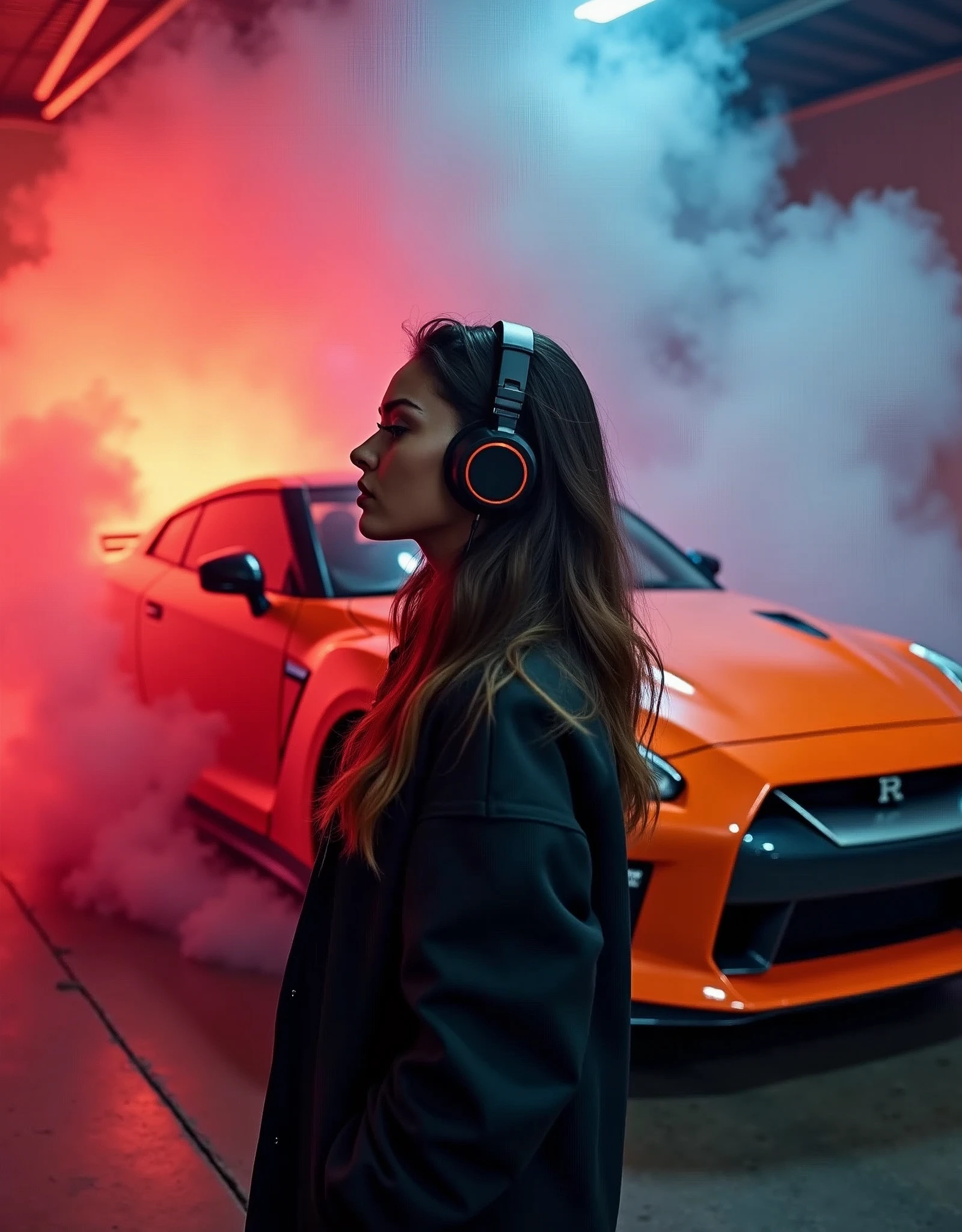 In the foreground is a beautiful young girl with long hair., wearing large stylish headphones. She looks confident and immersed in the music. There is a 2024 orange GTR Nismo in the background, shrouded in colorful smoke, creating a vibrant and dynamic atmosphere. Details for creating a picture: Main object: Beautiful young girl in sunglasses. long hair. Large stylish headphones. the background: sports car (Sports car). colorful smoke, surrounding car. Style and mood: Modern and dynamic style. Bright and rich colors for smoke. An atmosphere of energy and movement. Technical specifications: a high resolution. Realistic or semi-realistic stylization. Well-detailed details of headphones and car. Dramatic lighting to create striking contrasts and highlight key elements