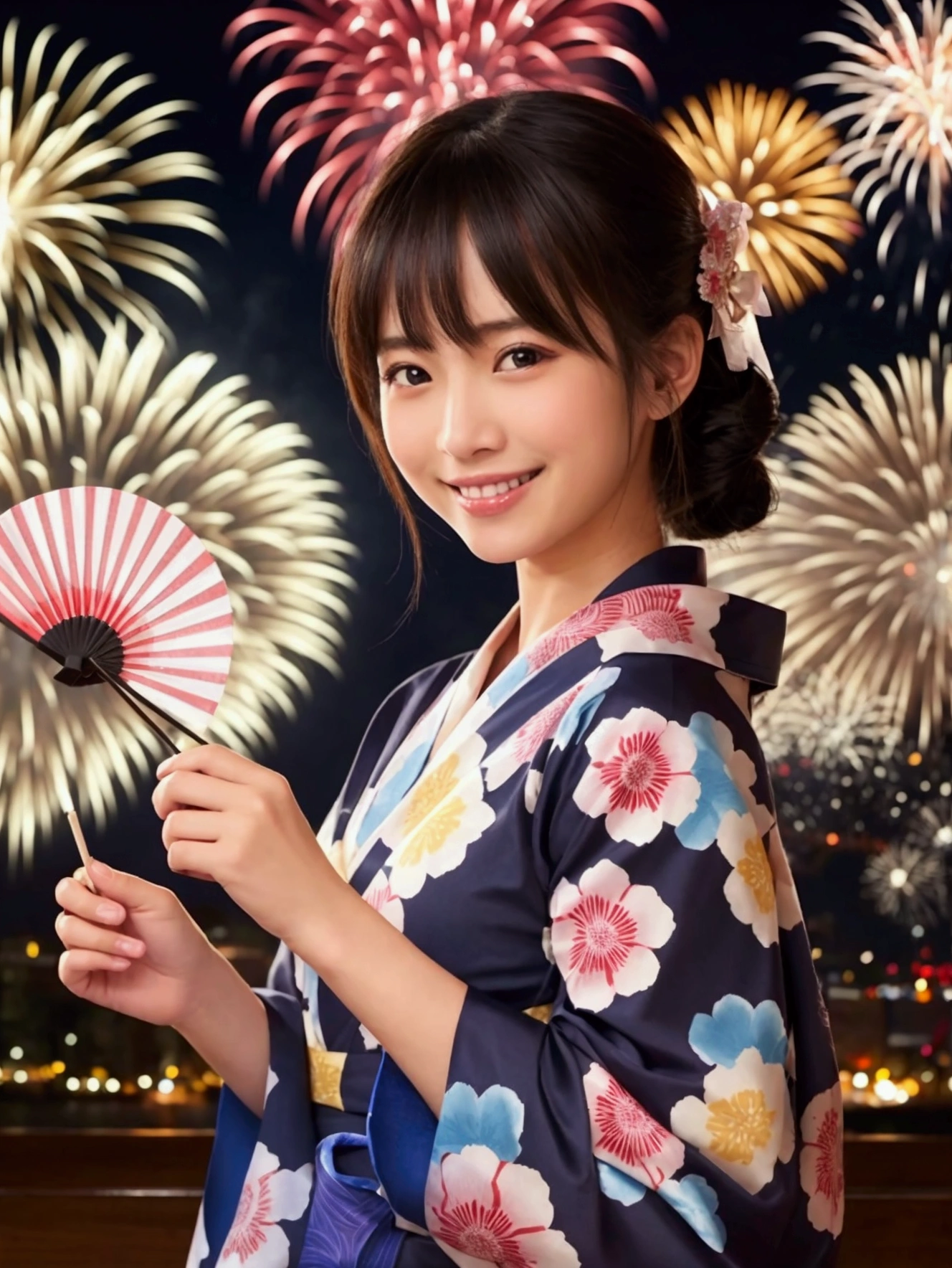 Fireworks display、she、Watching fireworks、可愛いshe、yukata、Fan、smile、