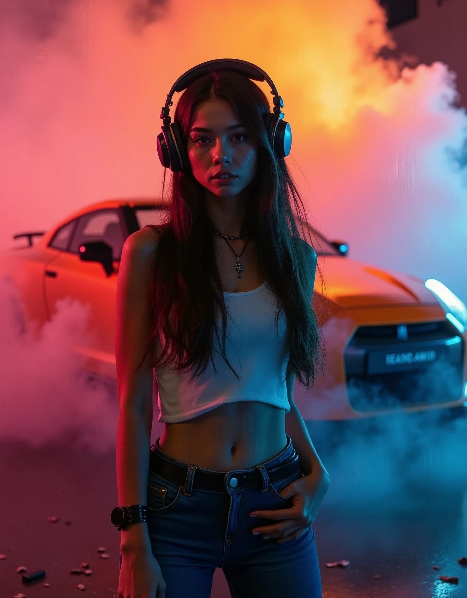 In the foreground is a beautiful young girl with long hair., wearing large stylish headphones. She looks confident and immersed in the music. There is a 2024 orange GTR Nismo in the background, shrouded in colorful smoke, creating a vibrant and dynamic atmosphere. Details for creating a picture: Main object: Beautiful young girl in sunglasses. long hair. Large stylish headphones. the background: sports car (Sports car). colorful smoke, surrounding car. Style and mood: Modern and dynamic style. Bright and rich colors for smoke. An atmosphere of energy and movement. Technical specifications: a high resolution. Realistic or semi-realistic stylization. Well-detailed details of headphones and car. Dramatic lighting to create striking contrasts and highlight key elements