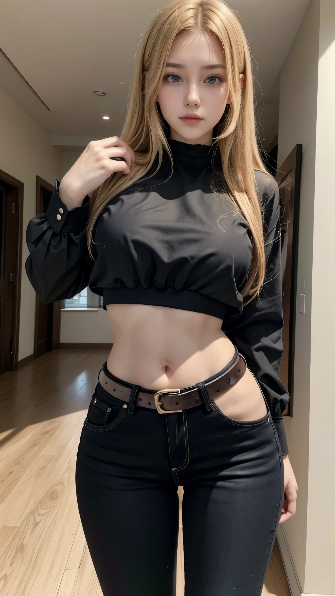 Beautiful 20-year-old girl with dark yellow hair wearing a black blouse and high-waisted jeans with a belt showing her belly button