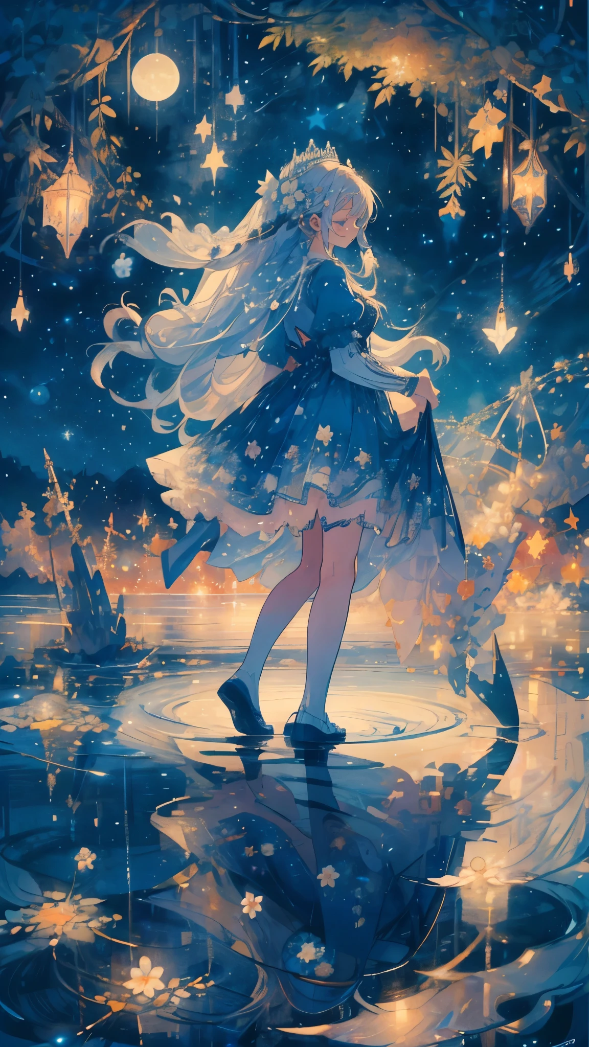 (Mastepiece), (Best Quality), Very detailed, 1 girl, (Full body photography:1.5), Perfect Face, beautiful girl, Very detailedな顔，(Blue Princess Dress:1.4)、(Long white hair:1.5)，(blue eyes:1.4)，(Princess:1.4)、(White flower:1.4)、(Blue Butterfly々:1.3)、(Sparkling:1.3)、moonlight、流れstar、(night、star空、White Moon:1.4)、star々、moonlight
