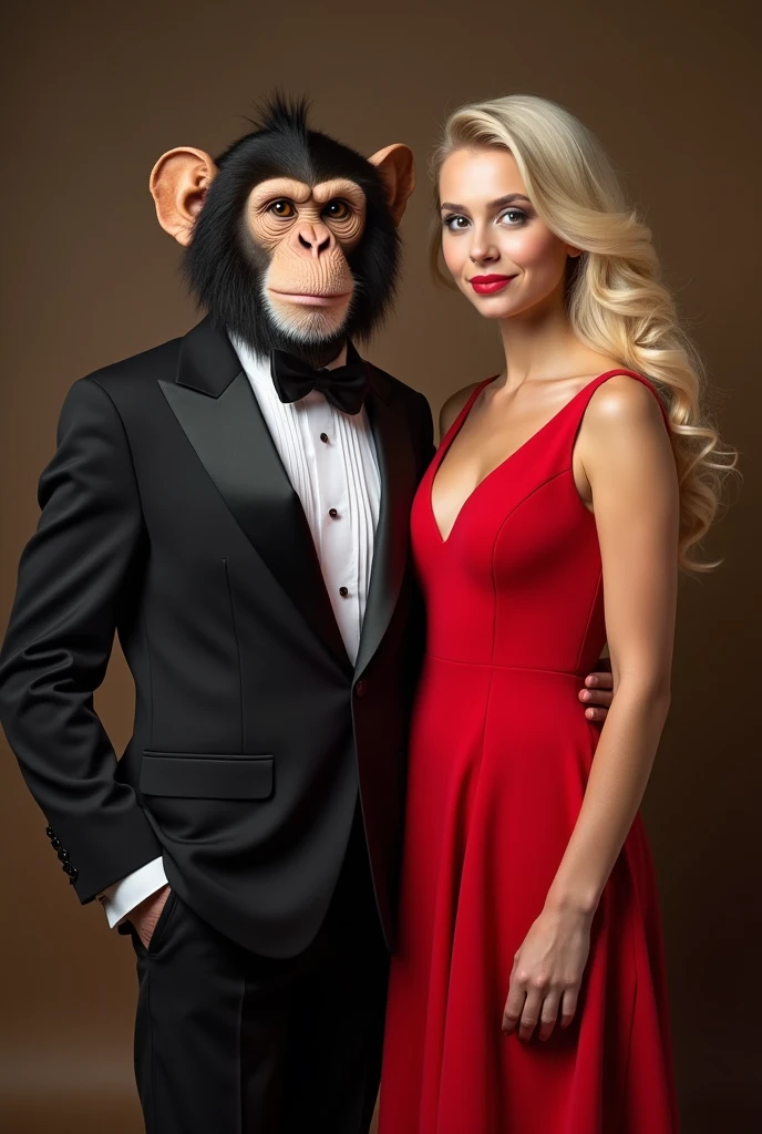 A monkey dressed in an elegant suit and a blonde girl in a red dress
