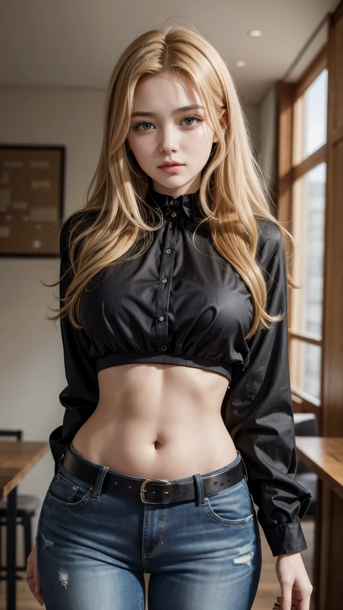 Beautiful 20-year-old girl with honey blonde hair wearing a black blouse and high-waisted jeans with a belt showing her belly button