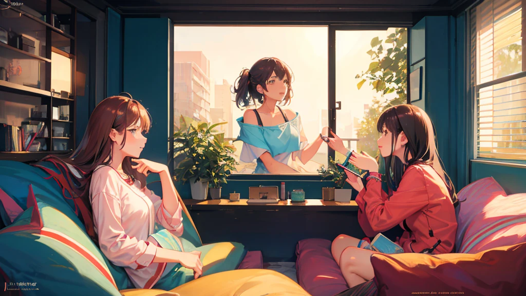 Women having a pleasant conversation while watching TV sitting on a sofa in their room