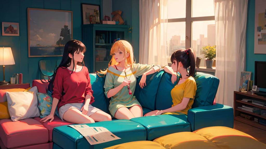 Women having a pleasant conversation while watching TV sitting on a sofa in their room