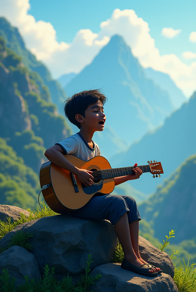 A sri lankan boy playing guitar and singing loud in a mointain withoit showing his face by sitting ina rock