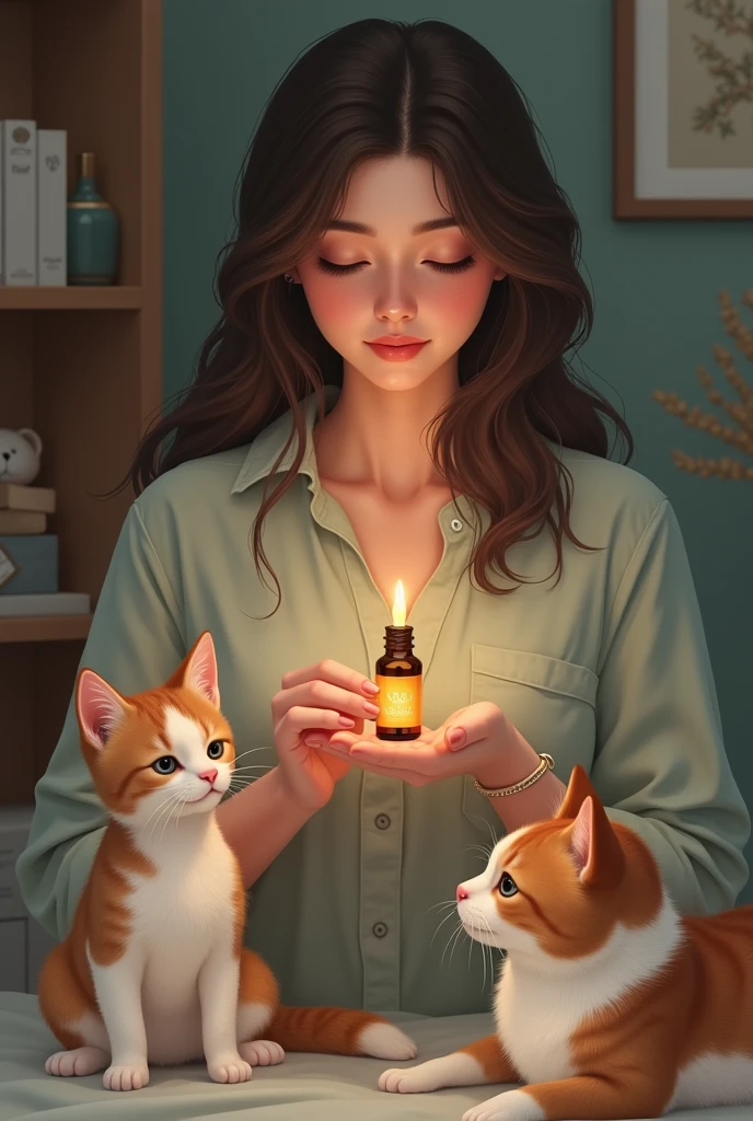 Young woman with small dropper bottle of medicinal oil in her hand , with a dog and a cat