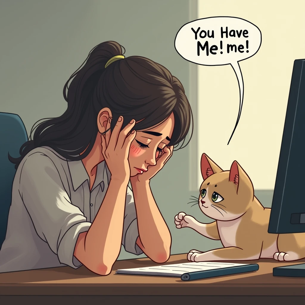 A woman falls down on her desk and cries, The cat is comforting her by putting his hand on her head and his talking bubble says "You Have Me!me!"