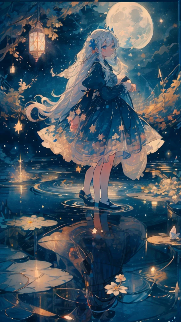 (Mastepiece), (Best Quality), Very detailed, 1 girl, (Full body photography:1.5), Perfect Face, beautiful girl, Very detailedな顔,(Blue Princess Dress:1.4)、(Long white hair:1.5),(blue eyes:1.4),(Princess:1.4)、(White flower:1.4)、(Blue Butterfly々:1.3)、(Sparkling:1.3)、moonlight、流れstar、(night、star空、White Moon:1.4)、star々、moonlight