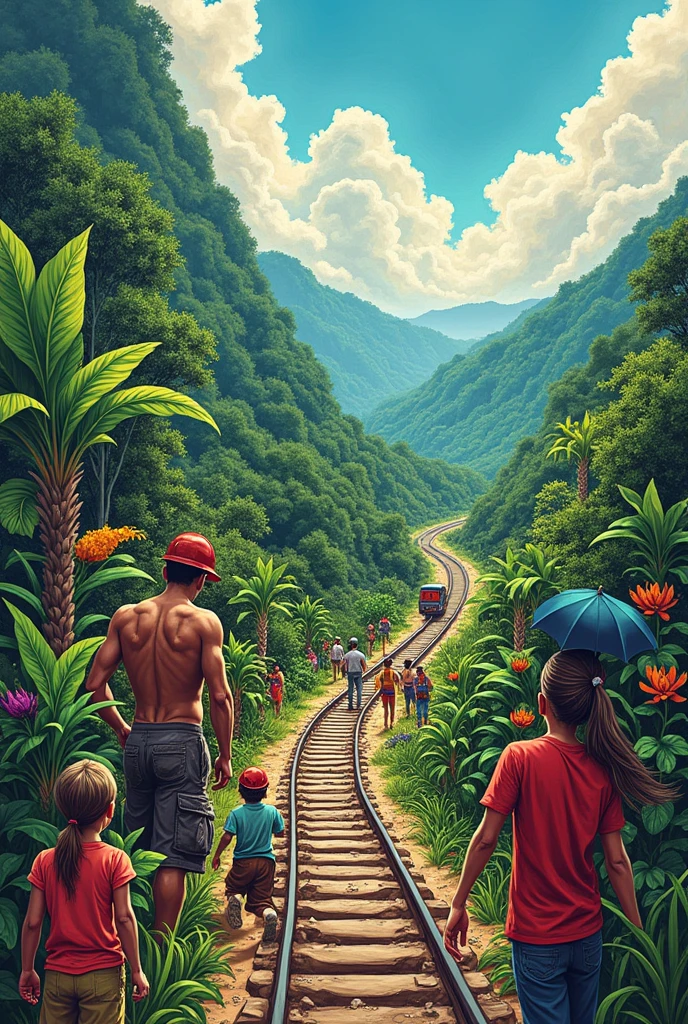 Make a drawing that looks like a school mural showing the impact on society and nature due to the construction of the Mayan train in Mexico.