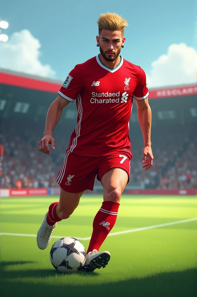 make me a picture of a player called saulinho, that he wears the Liverpool uniform that he has blond hair and a brown beard that he has blue eyes,that wears earrings, that is white of skin, that he is far right and wears number 7, and carry the ball on his foot in the middle of the field