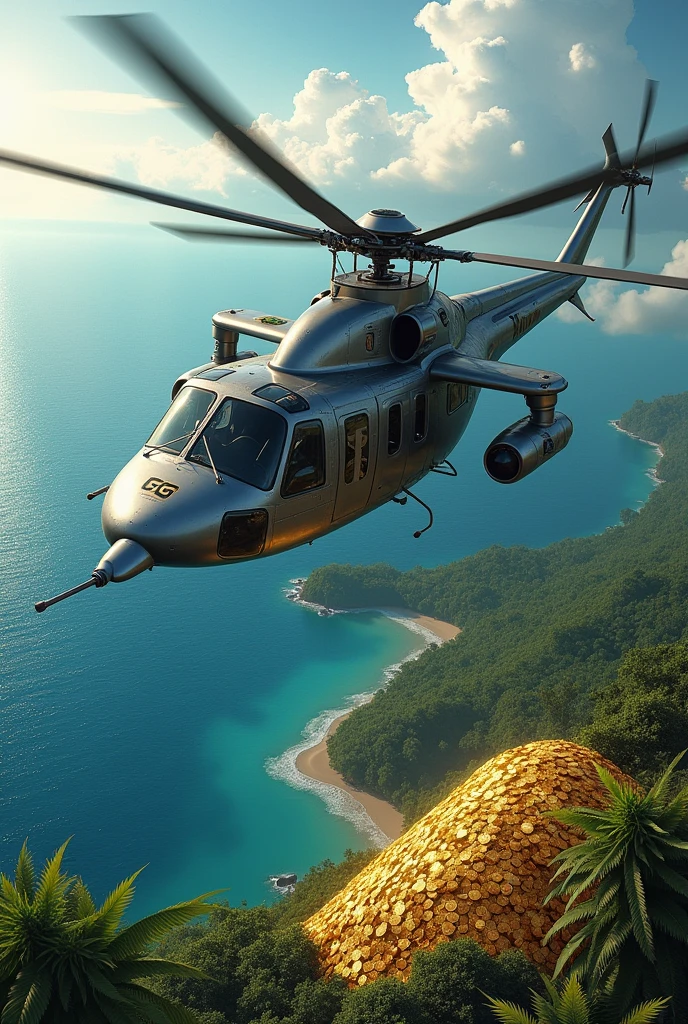 A HELICOPTER WITH THE LOGO "GG" Flying in the sky, flying over an island full of bags of gold coins money and marijuana , 777