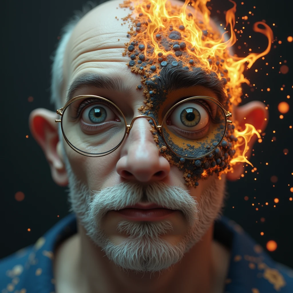 a portly, white-bearded man, spectacles,wear indigo torn pajamas , creates and destroys hands, one eye shedding tears of beauty and light, the other crying flames that incinerate and consume, representing the dual forces of creation and destruction. Settings: Ultra-detailed , realistic photography concept art, dynamic movement pose ,hug a chubby corgi