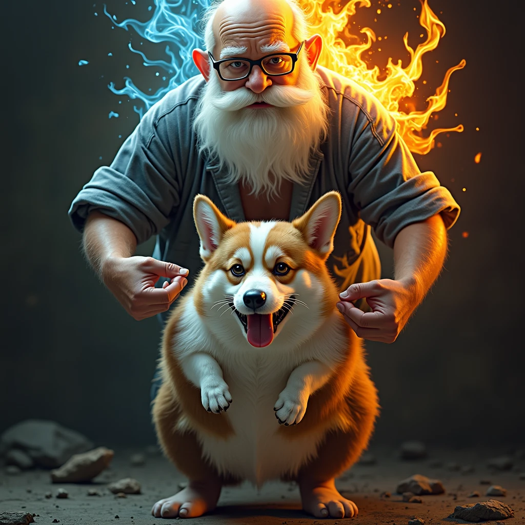a portly, white-bearded man, spectacles,wear indigo torn pajamas , creates and destroys hands, one eye shedding tears of beauty and light, the other crying flames that incinerate and consume, representing the dual forces of creation and destruction. Settings: Ultra-detailed , realistic photography concept art, dynamic movement pose ,hug a chubby corgi