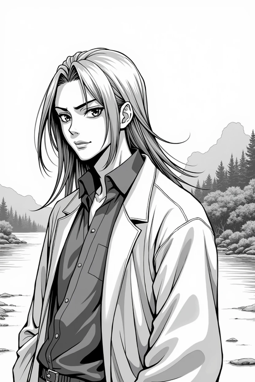 Asian man with long hair, about 50 years old, black and white anime comic style, ideal for writing on the image. That the style most likely resembles Asian anime mangas. Let the image include landscape, and that the male character is far from the image, not up close