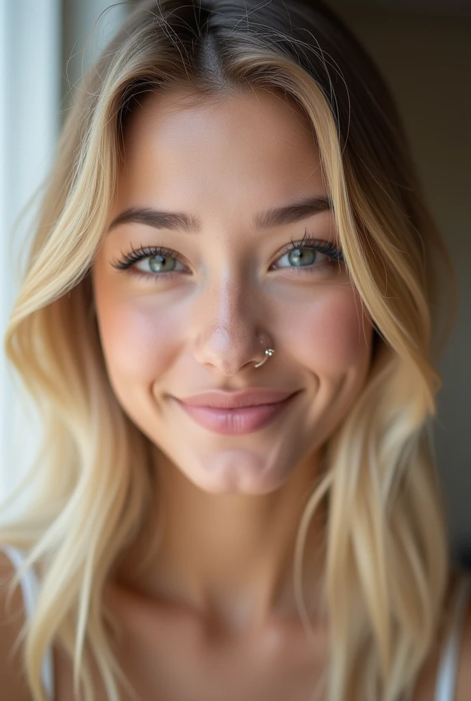 a blonde asian woman with a nose piercing, a pretty smile, almond shaped eyes with long eyelashes 