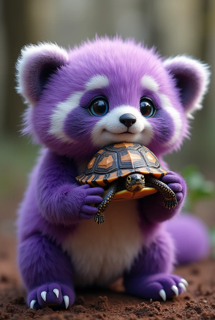 Cute and fluffy chubby purple glitter baby panda getting cheeky with a turtle