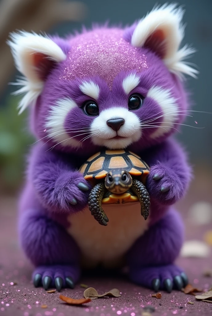 Cute and fluffy chubby purple glitter baby panda getting cheeky with a turtle
