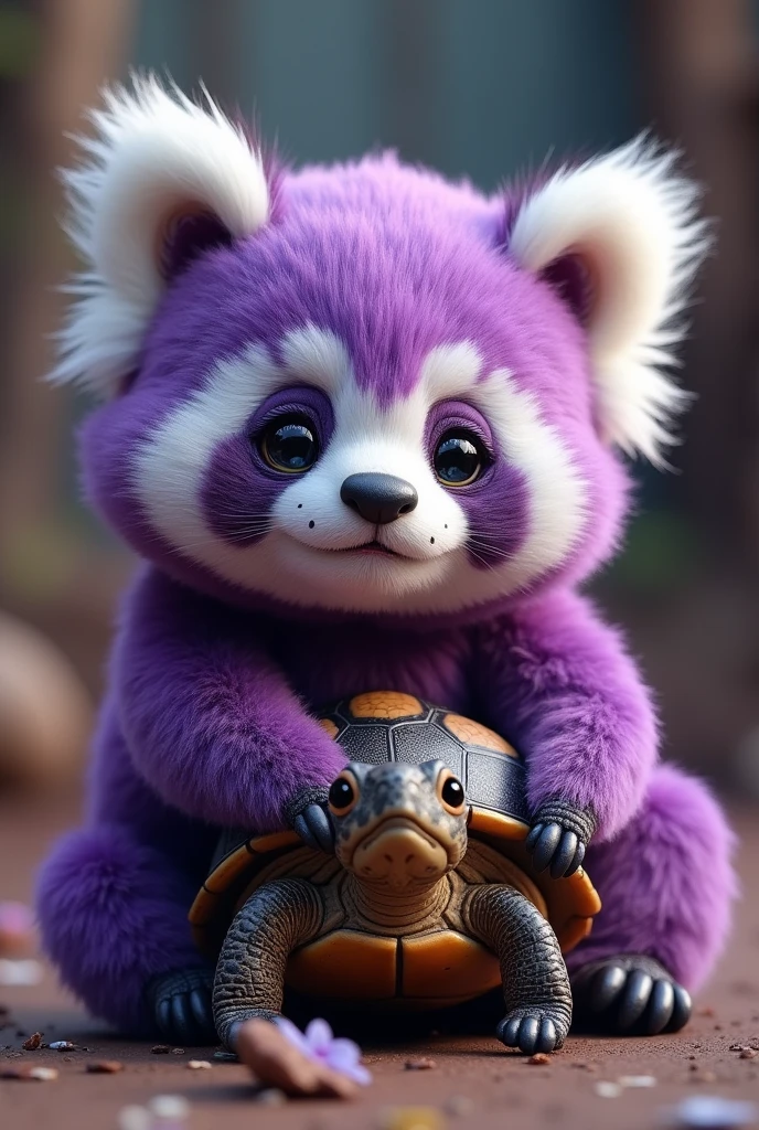 Cute and fluffy chubby purple glitter baby panda getting cheeky with a turtle