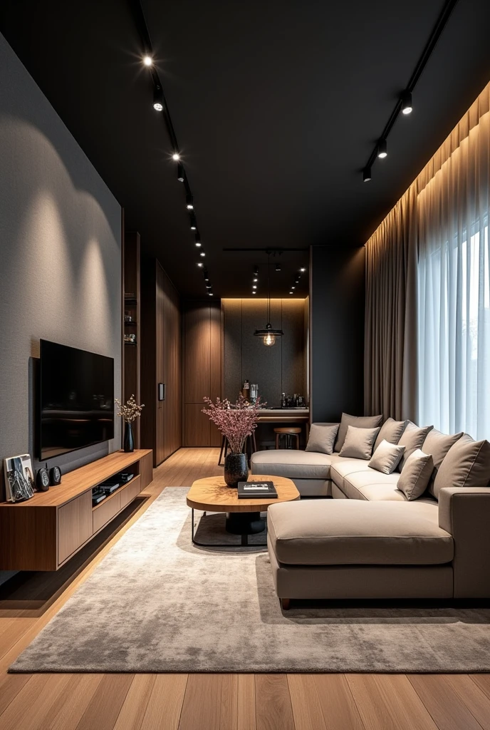 Image of an interior space of a room, conical and dining room in a single room of 12 meters long by 2,8 meters wide. 
The distribution of space is as follows:
* 1 a room 3m long by 2m,8 meters wide.
* 1 kitchen 3 meters long by 2,8 meters wide 
* 1 room with 3 meters wide by 2.8 meters wide con un televisor de 70 en una pared y un sofá de tres puestos frente al tv. 
The predominant colors of the room are the black ceiling and the walls with shades of gray and wood with LED lighting. 