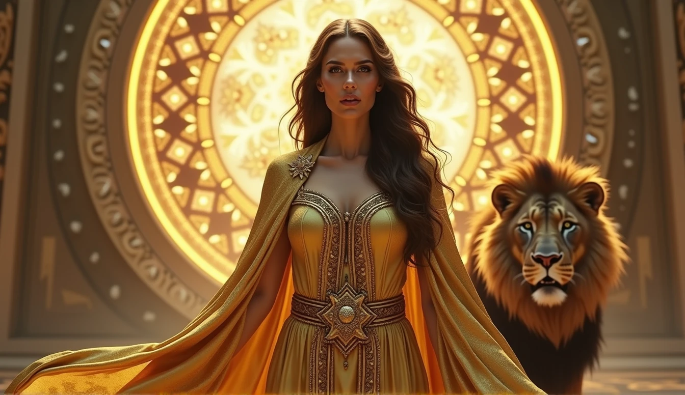 ultra realistic brown haired woman with GOLD priestess cape, facing a portal with a majestic lion and the goddess themis , convey depth. REPLACE ONE OF THE LIONS WITH THE SCALES OF JUSTICE AND KEEP THE PORTAL OF LIGHTS BEHIND THE SAME AS IN THE SKETCH IMAGE