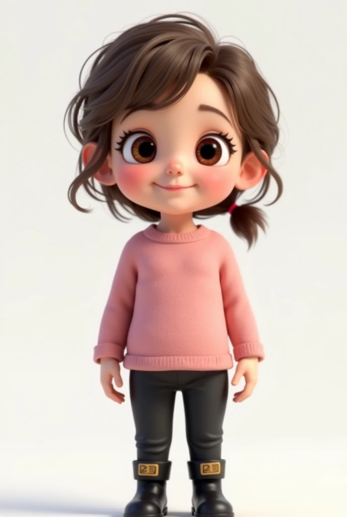 3D image of a 5 full body. Wearing a pink blouse and black pants, she has light brown hair and eyes., small nose and white skin. Loose side hair with bangs. Slanted eyes and smiling. Slightly arched eyebrow. black boot